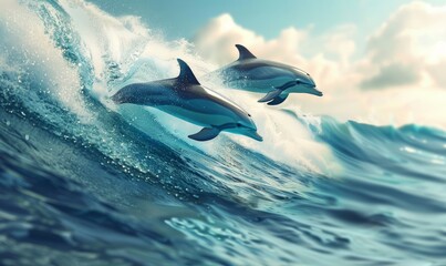 Obraz premium Dolphins leaping in crystal-clear ocean waves, playful and harmonious