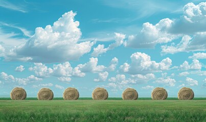 Drying hay balls in a line on a green field under a cloudy blue sky