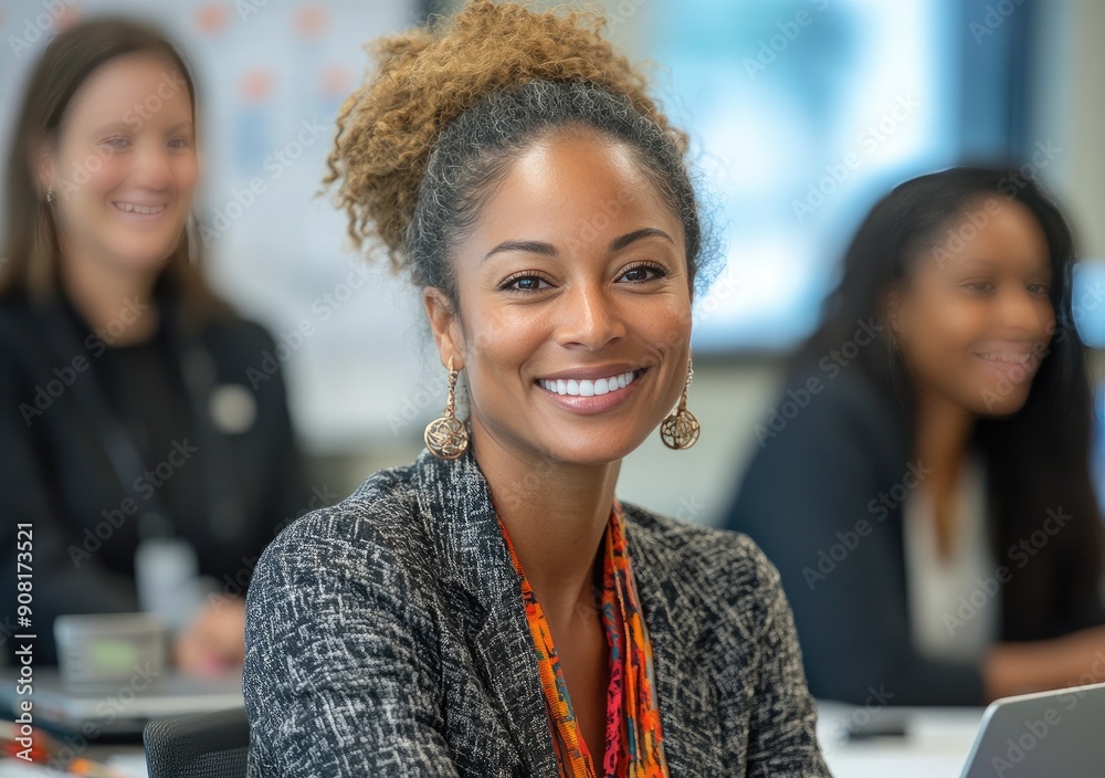 Wall mural portrait of happy smiling dark skin woman in formal office jacket, suit sitting in meeting room, hal