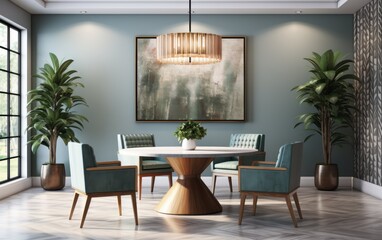 A stylish dining room showcases art deco design featuring a round table, modern chairs, and lush plants amidst an inviting atmosphere