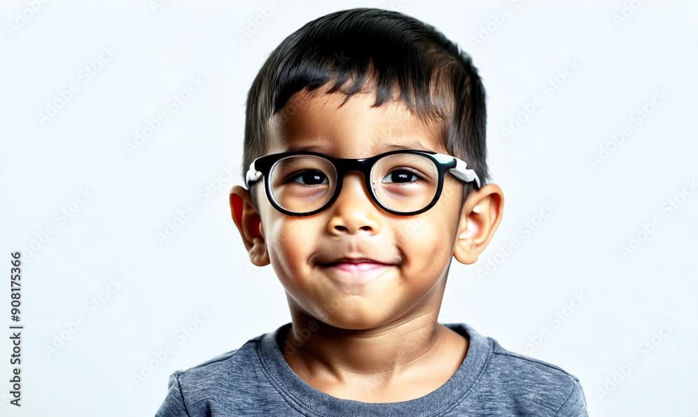 Sticker Portrait of asian little boy with eyeglasses on white background