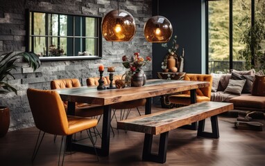 A beautifully arranged dining room showcases a rustic table, elegant lighting, and vibrant décor, inviting warmth and comfort