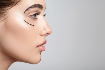 Side profile of a young woman with marked lines on her face, indicating areas for cosmetic surgery or treatment