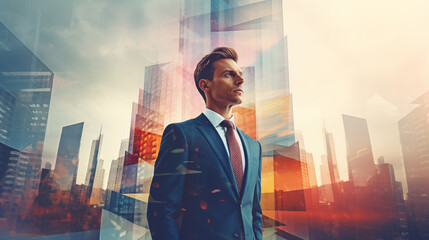 Fototapeta premium Portrait of a young businessman with an abstract background in the form of a large metropolis. 