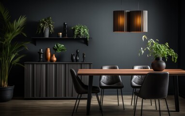Fototapeta premium A stylish Scandinavian dining room features a dark color palette with modern furnishings, plants, and soft lighting, perfect for evening meals with friends or family