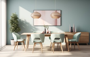 A stylish dining room showcases a wooden table surrounded by soft chairs, illuminated by modern pendant lights against a soothing backdrop