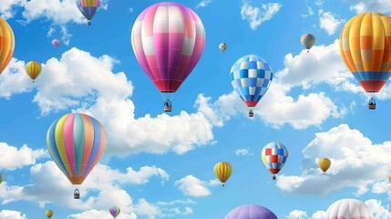 Obraz premium A group of hot air balloons flying through a blue sky with puffy white clouds during midday