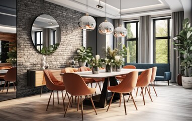 Fototapeta premium A beautifully arranged dining room features warm tones, elegant furnishings, and ample natural light filtering through large windows