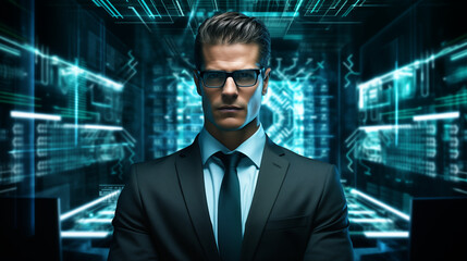 A handsome middle-aged man in a business suit and glasses with a strict confident look stands in the center of the composition of a combination of digital luminous elements reminiscent of a data cente