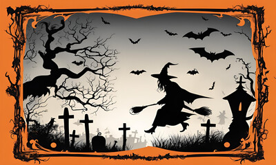 Halloween Witch Flying Over Spooky Graveyard with Bats and Trees