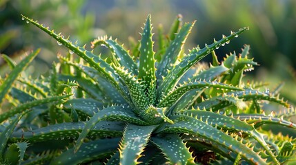   Close-up of a lush green plant, with multiple leaves in sharp focus and a soft blurred background