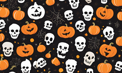 Fototapeta premium Halloween Pattern with Pumpkins, Skulls, and Spider Webs