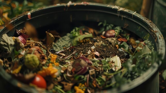 A compost bin filled with organic waste like vegetable peels and coffee grounds