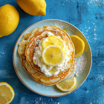 Lemon ricotta pancakes on blue background