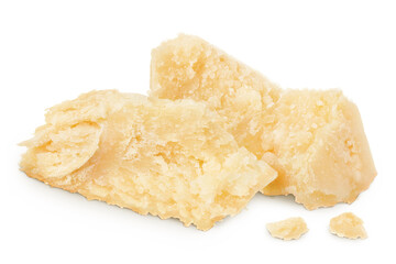Pieces of parmesan cheese isolated on white background