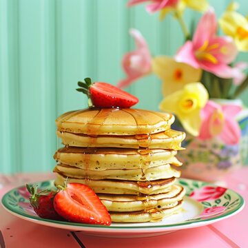 Pancakes with strawberries and syrup with flowers in the background.