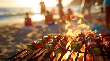 Beach Bonfire Feast Close-up of Grilled Skewers with Blurred Friends in Background, Beach Party , Fire , Grill , Skewers
