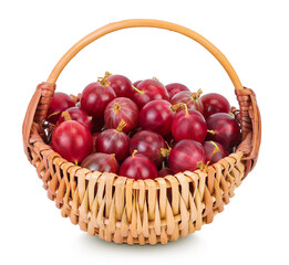 Red gooseberry in a wicker basket isolated on white background with full depth of field.
