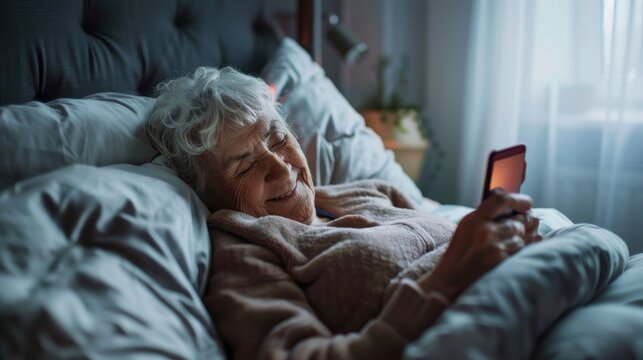 Elderly Woman in Bed Smiling at Phone, Portrait, Close-up, Bedroom , elderly, smartphone, bed