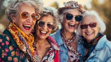 Fototapeta premium Four Senior Women Smiling and Wearing Sunglasses, Close-up Portrait, Group of Women, Smiling Faces, Friends , senior women, portrait