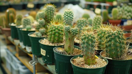   A room full of cacti in various pots, including one with several cacti, on a shelf