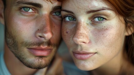 Intimate Close-Up Portrait of a Couple, Captured in Soft Natural Light, Highlighting Freckles and Emotional Connection