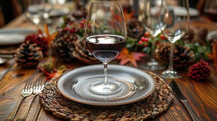 Fototapeta premium Autumn Table Setting With Wine Glass And Pine Cones At Rustic Location