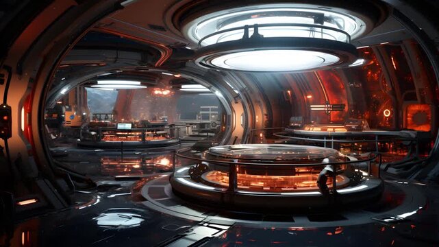 Futuristic lab interior with glowing orange lights and a view of space through a window. The room is empty except for a round table with a glass top.