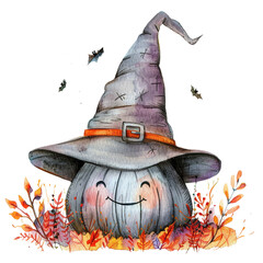 Playful orange pumpkin dons witch hat for spooky Halloween fun