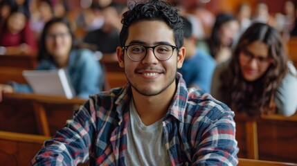 Fototapeta premium Smiling Student in Plaid Shirt at a Lecture, Classroom, Education, People, Learning, University
