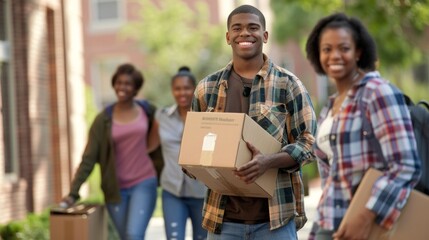 Smiling Young Man Carrying a Box, Plaid Shirt, Outdoor, College Move, Cardboard Box, Student, Moving