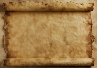 Weathered, tea-stained parchment scroll. Ancient manuscript background with copy space.