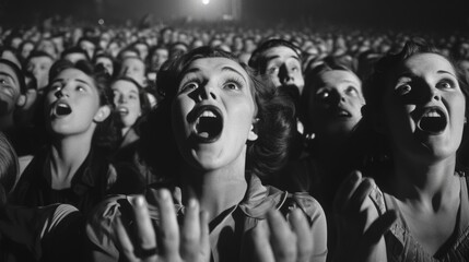 The Thrill of the Crowd, Black and White Photography, Close-up, Faces, Audience, Performance, Excitement