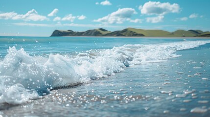 Fototapeta premium A zoomed-in image of a wave breaking on a beach with surrounding hills