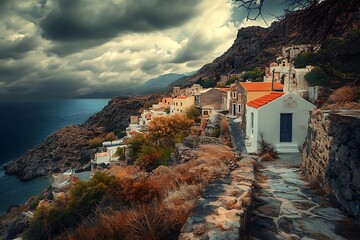A village in an island in a cloudy day