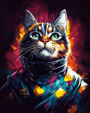 Cat portrait painting, Creative art style with thick brush strokes and random thick color lumps.