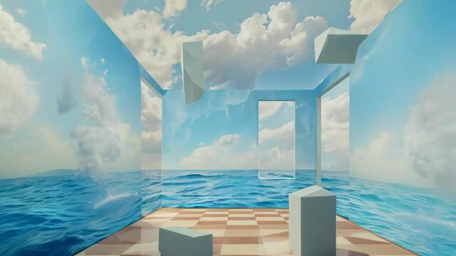 A captivating surreal scene features a room seemingly floating above a calm sea under a sky full of fluffy clouds. Geometric shapes hover within the room, adding to the dreamlike atmosphere. The