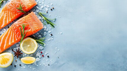   Two salmon fillets on a blue background with lemon and rosemary seasoning and salt and pepper sprinkles