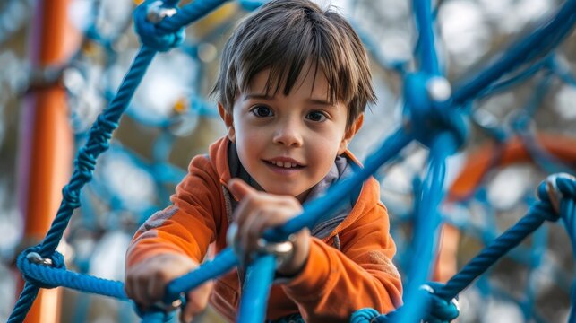 Young Boy Climbing a Rope Structure at a Playground, portrait , close-up , child , fun , play