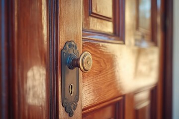 Obraz premium Close-up of Antique Wooden Door with Ornate Brass Doorknob and Keyhole