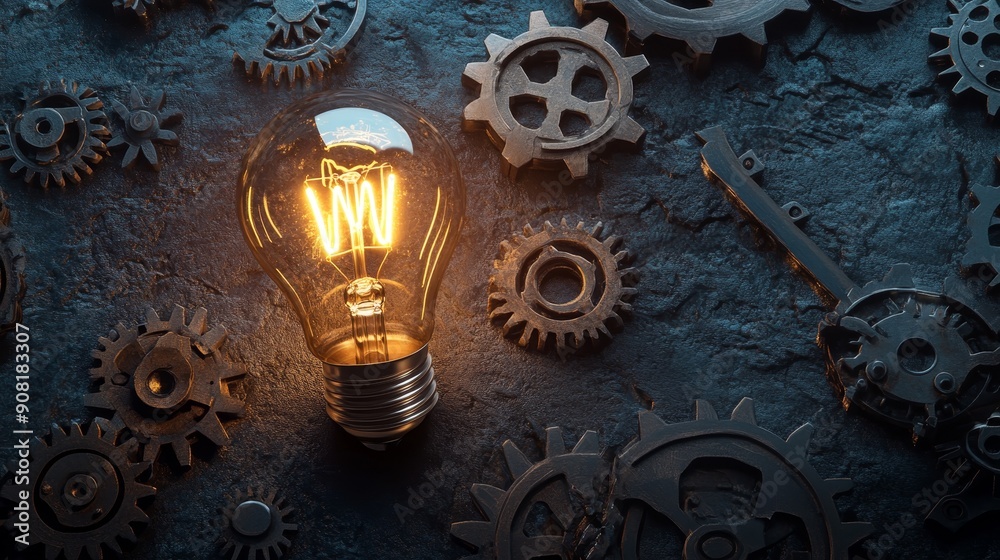 Poster Illuminating Ideas: Lightbulb and Gears - A glowing lightbulb illuminates a dark background, surrounded by gears, symbolizing creativity, innovation, and the power of ideas.