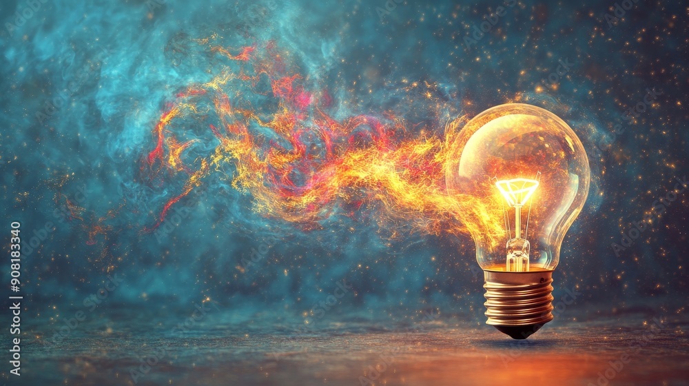 Canvas Prints Illuminating Inspiration: A Lightbulb Ignites Creativity - A glowing lightbulb, symbolizing ideas, creativity, innovation, and energy, with fiery particles emanating from it against a dark blue backgr