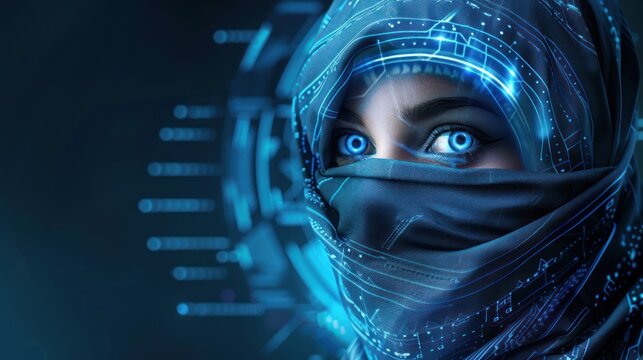 Close up of a islam woman's eyes wearing a niqab with hologram light effect on screen technology.