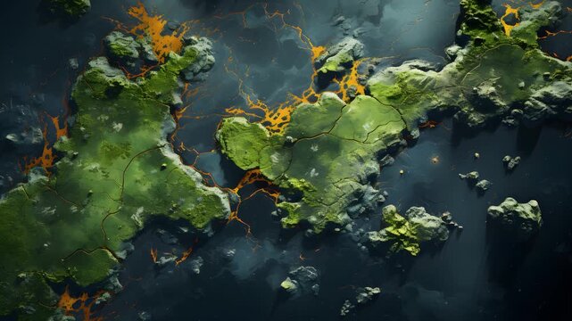 A close-up aerial view of a vibrant green, rocky landscape with orange veins, resembling lava flows, in a dark, misty atmosphere.