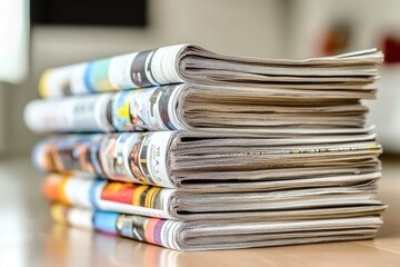 Stack of Colorful Newspapers on Wooden Surface Highlighting Media and Current Trends