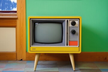 Retro Yellow Television on Wooden Legs Against Green Wall in Vintage Room Interior