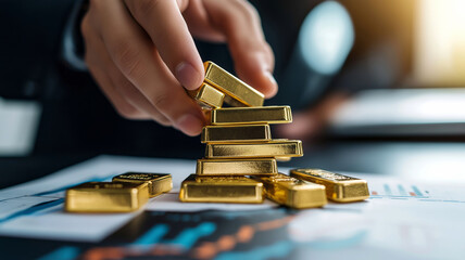 A close-up of a hand stacking gold bars on top of financial graphs and charts.