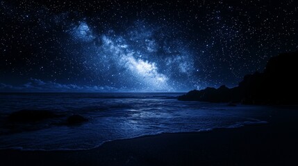 Milky Way Over Tranquil Ocean at Night - A serene nighttime scene featuring the Milky Way galaxy illuminating the tranquil ocean, symbolizing peace, wonder, cosmic beauty, the vastness of space, and t