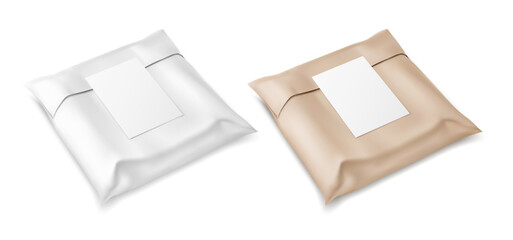Kraft and white paper mailing bags with stickers. Mail envelopes for international shipping. Parcels delivery. Packaging mockups isolated on transparent background. Vector illustration.