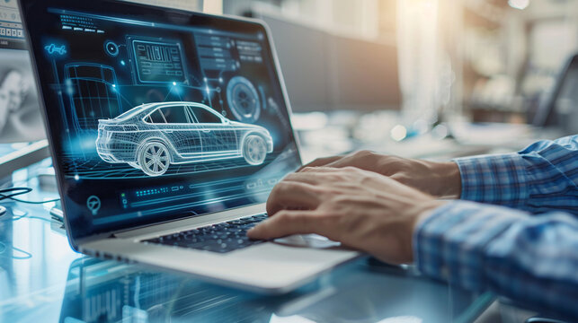Engineer working on a laptop with technical drawings of mechanical components, demonstrating focus and technical skills in a professional workspace, ideal for technology and engineering themes